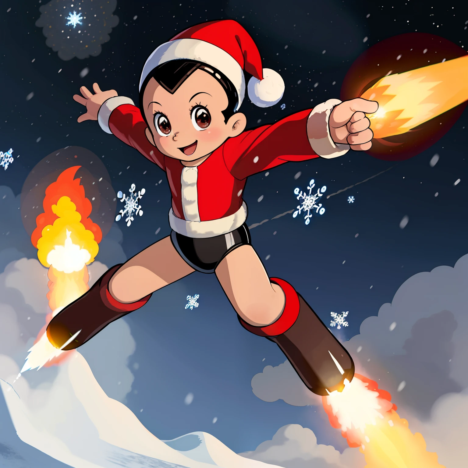 ((masterpiece, best quality)),(complex light),solo,solo focus,1boy,astro boy,black hair, brown eyes,red boots, smiling, flying over a snowing background, rocket flames shooting out of his feet, wearing a Santa hat