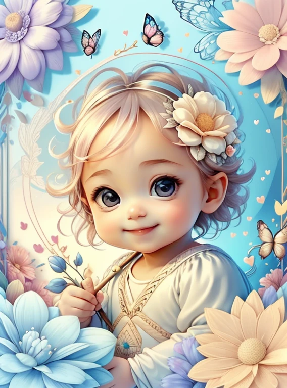 (cute baby cupid smiling with flowers and butterflies), Munchkin ,Geometric multidimensional wall portrait, livro de arte, Tchibi,
Yang08k, Beautiful, Colouring,
Obras, of the highest quality, best quality, Arte Oficial, Beautiful and Aesthetic,