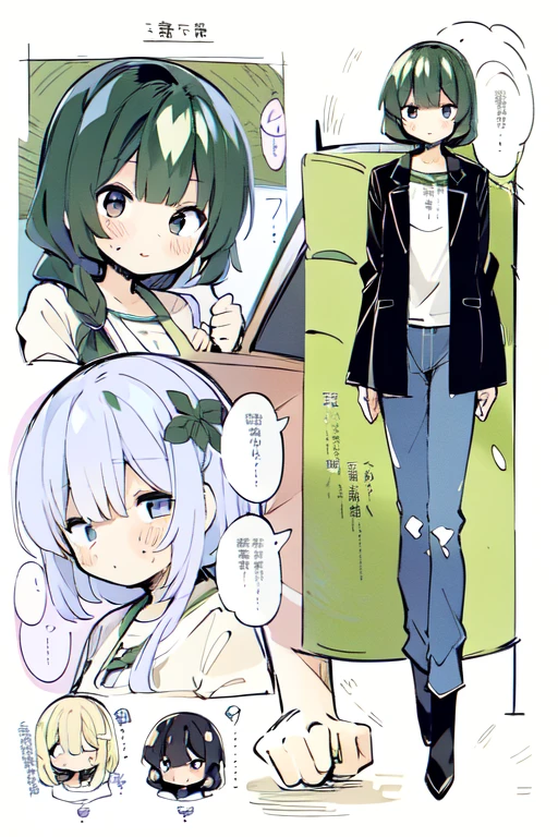 1girl in, ((Character information)、(Chara Leaf)、pastel dimmed colors, Type sheet, Character Sheets, Three types，Shot Full Body，Game Character Design，