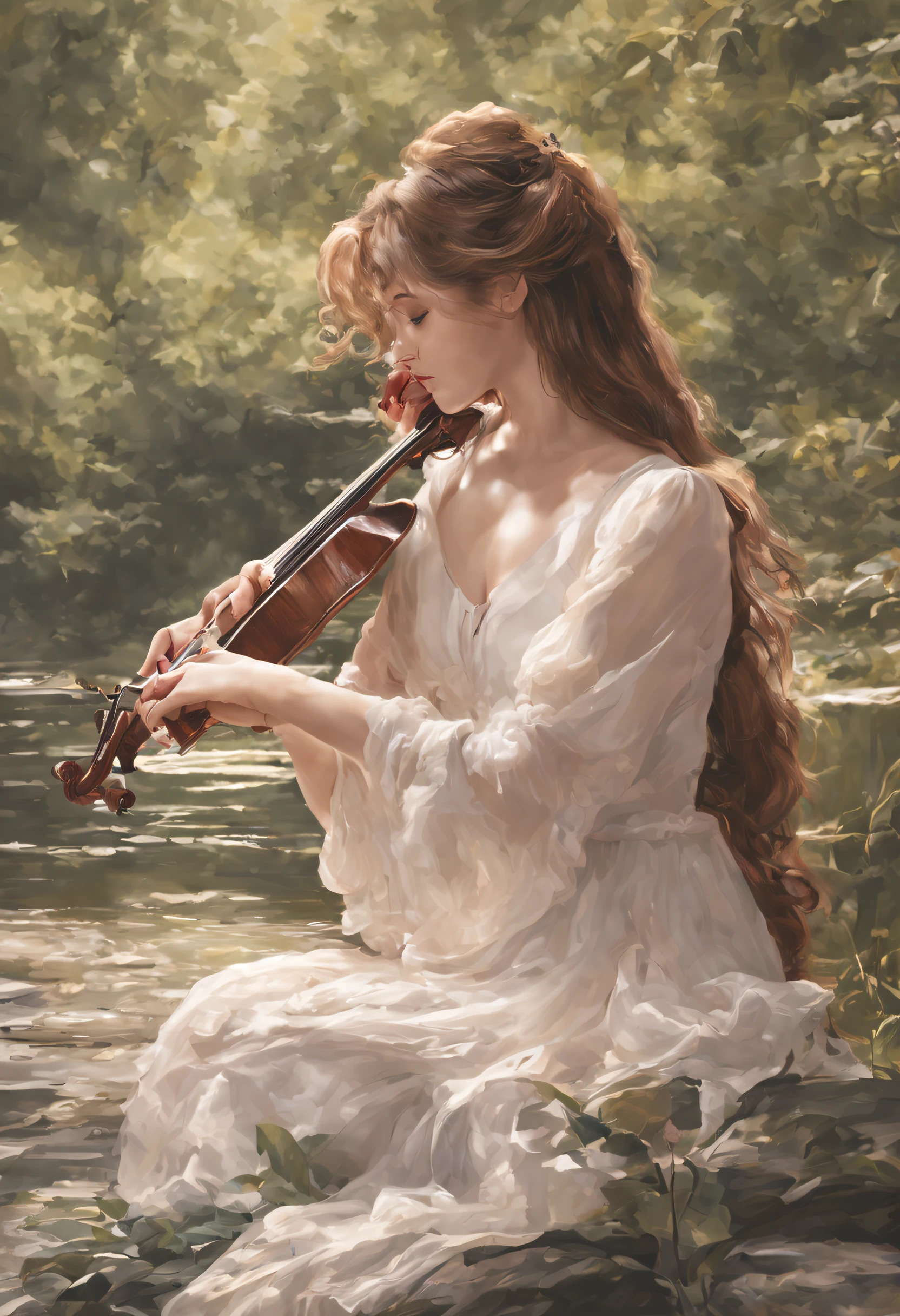 (best quality,4k,8k,highres,masterpiece:1.2),ultra-detailed,(realistic,photorealistic,photo-realistic:1.37),outdoor,lush greenery,musical performance,musical instrument,cello player,peaceful atmosphere,classical music,river stream,serene,tranquil,wooded area,tuxedo,women,red dress,observing,chair,beautiful surroundings,harmony,riverbank,gentle breeze,elegant,detailed facial expression,calm environment,symphonic melodies,musical talent,pianissimo,vivid colors,dappled sunlight,ethereal,melodic composition,emotional connection,aesthetic,sublime,fine art,life-like depiction