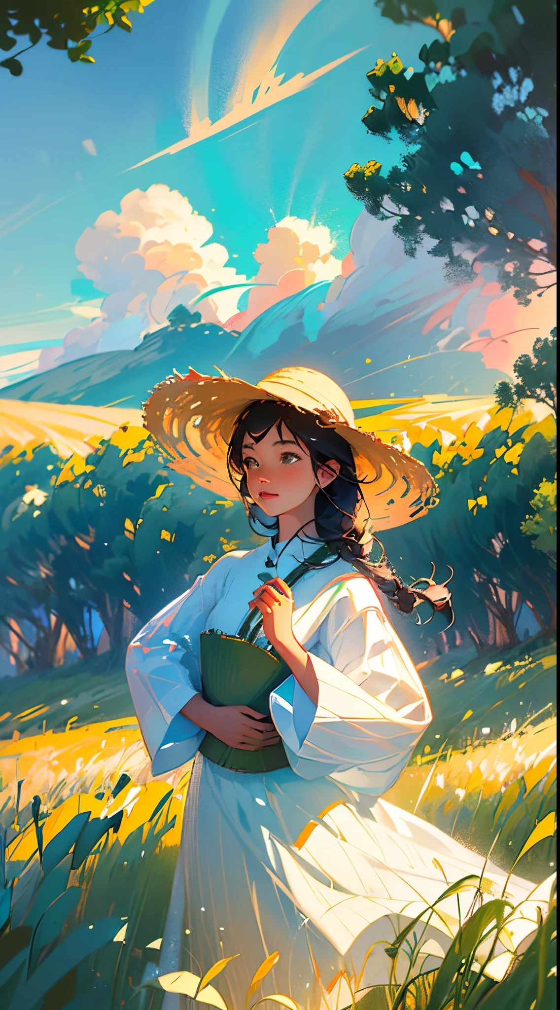 Wheat field, a farmer uncle with a straw hat standing in a wheat field, big clouds, blue sky, rice field, neat rice seedlings in the field, forest, hillside, secluded, rural, HD detail, hyper-detail, cinematic, surrealism, soft light, deep field focus bokeh, ray tracing and surrealism. --v6
