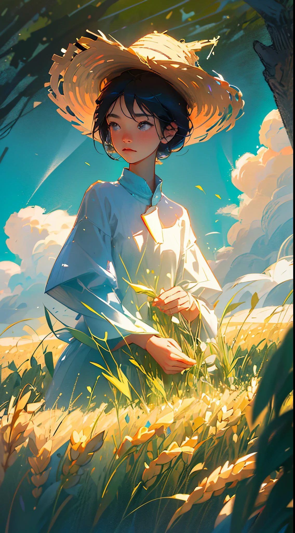Wheat field, a farmer uncle with a straw hat standing in a wheat field, big clouds, blue sky, rice field, neat rice seedlings in the field, forest, hillside, secluded, rural, HD detail, hyper-detail, cinematic, surrealism, soft light, deep field focus bokeh, ray tracing and surrealism. --v6