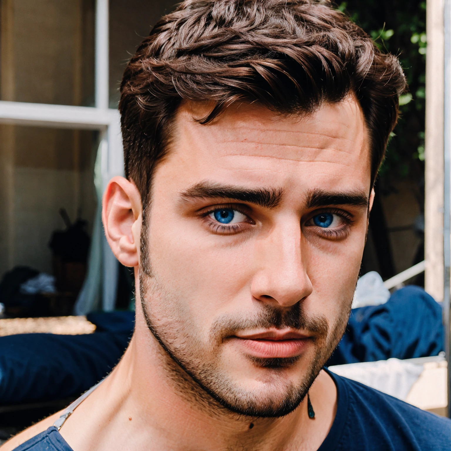 Handsome 25 year Italian man in portrait, blue eyes, short brown hair.