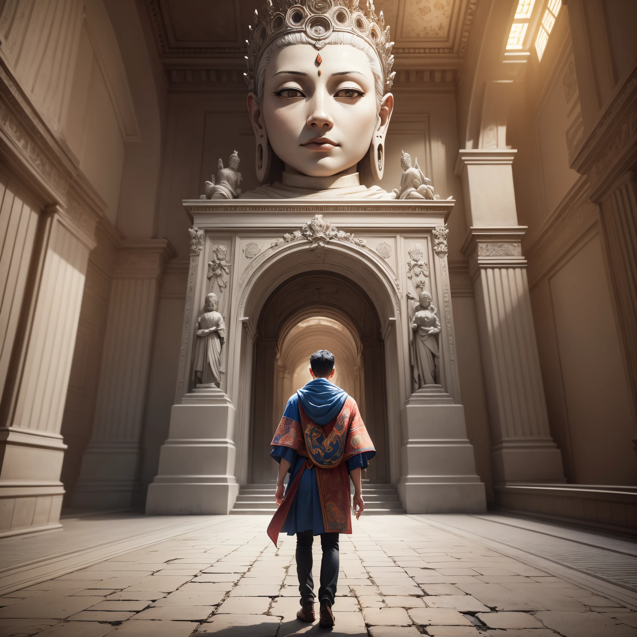 (best quality,masterpiece, intricate,ultra-detailed,realistic,RAW photo,8k uhd,ultra high res,photorealistic style,cinematic scenes, sharp focus,dramatic lighting,extremely detailed CG unity wallpaper) ,a man standing in front of a huge Buddha statue --auto --s2