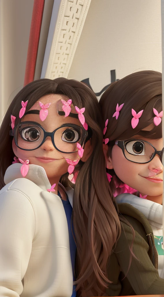 Uma foto de um casal, a girl and a boy wearing glasses