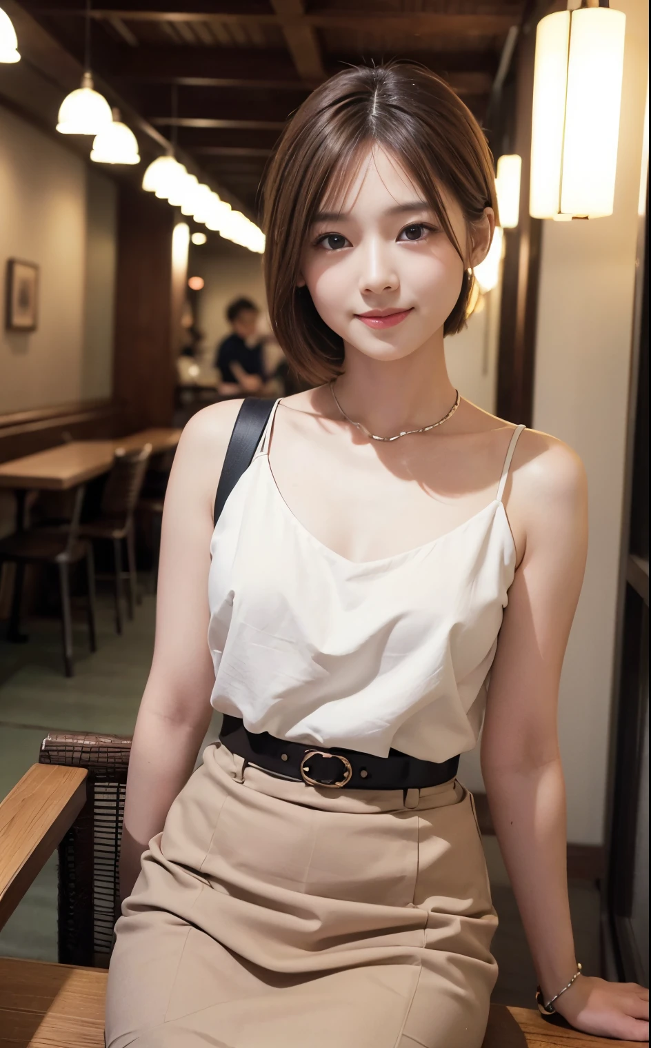 Cute 21 years old Japan、cafes、luminous sky、date、date、Super Detail Face、Eye of Detail、二重まぶた、beautiful thin nose、foco nítido:1.2、prety woman:1.4、(light brown hair,short-haired、),fair white skin、top-quality、​masterpiece、超A high resolution、(Photorealsitic:1.4)、Highly detailed and professional lighting smile、swet、skirt by the、