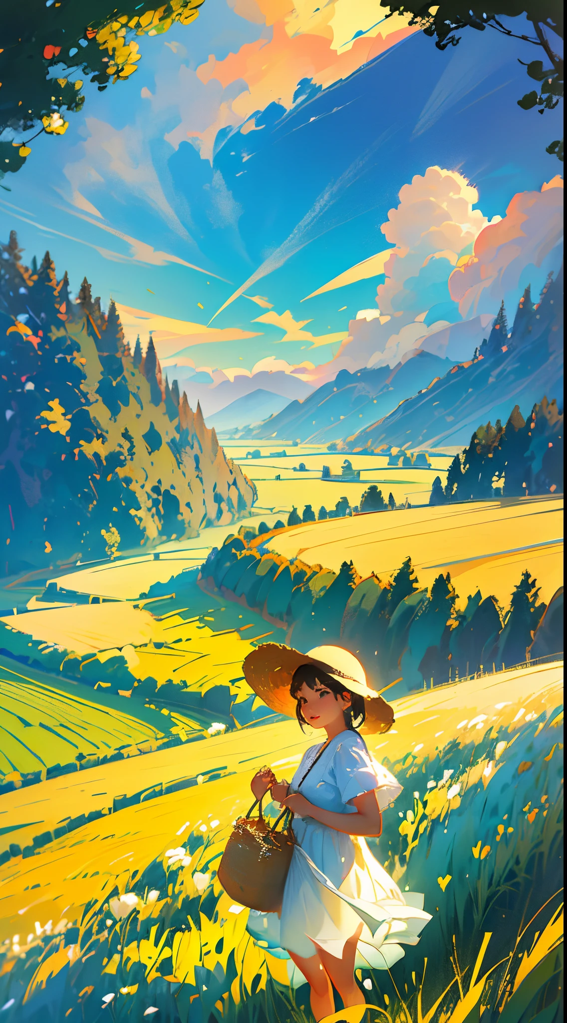 Wheat field, a farmer uncle with a straw hat standing in a wheat field, big clouds, blue sky, rice field, neat rice seedlings in the field, forest, hillside, secluded, rural, HD detail, hyper-detail, cinematic, surrealism, soft light, deep field focus bokeh, ray tracing and surrealism. --v6