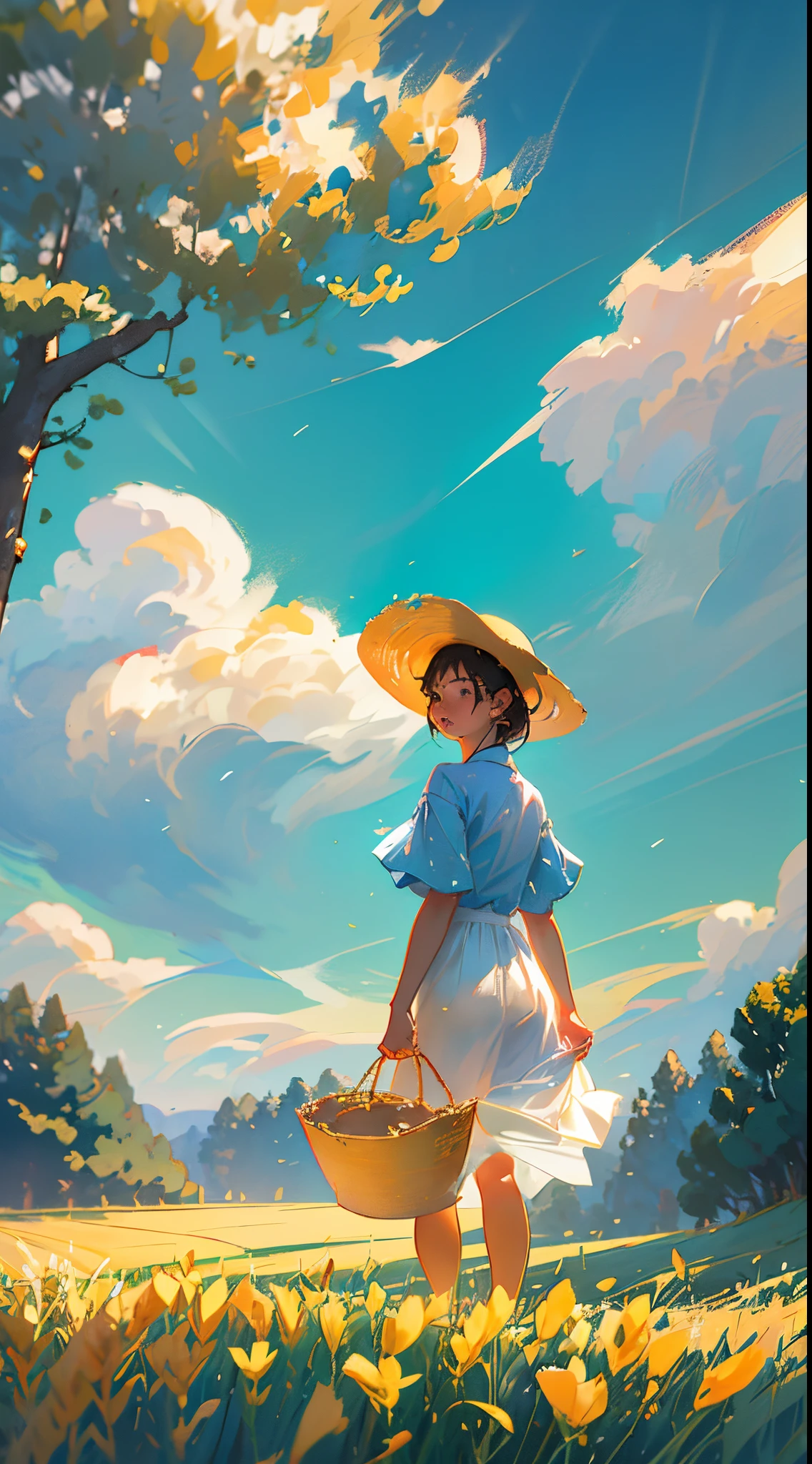 Wheat field, a farmer uncle with a straw hat standing in a wheat field, big clouds, blue sky, rice field, neat rice seedlings in the field, forest, hillside, secluded, rural, HD detail, hyper-detail, cinematic, surrealism, soft light, deep field focus bokeh, ray tracing and surrealism. --v6