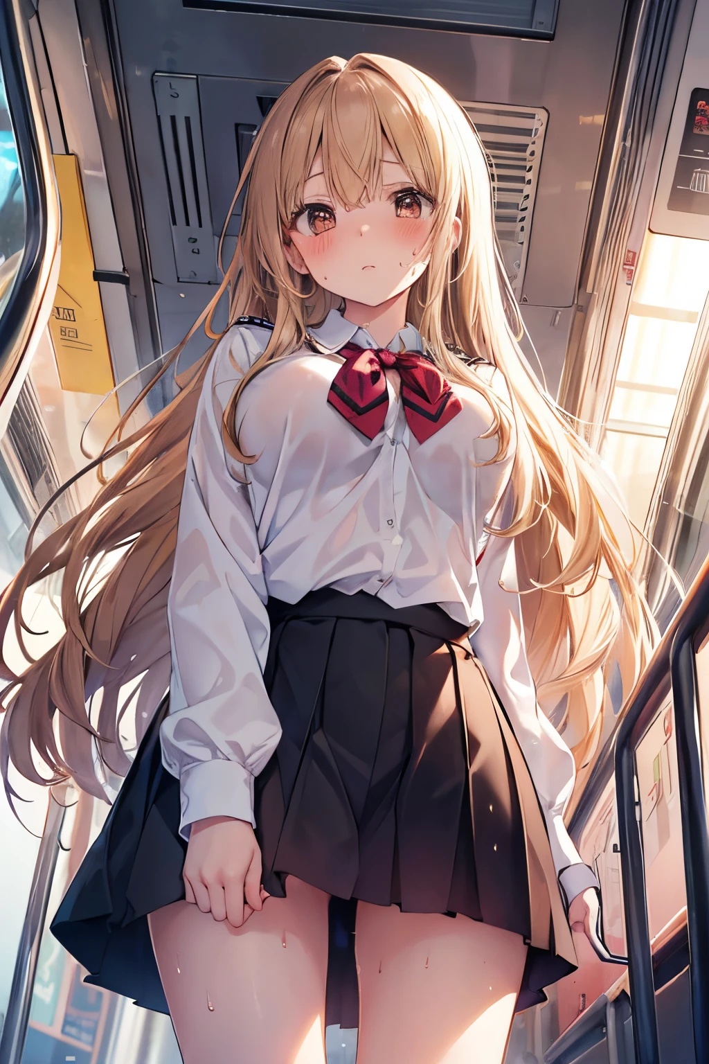 Perfect quality, masutepiece, 16 K, (From below:1.8), Beautiful girl standing in the train , Light brown long hair, High School Uniform, Brown eyes, Sweat, blushed face, Plump breasts, Open her legs, Looking at Viewer,