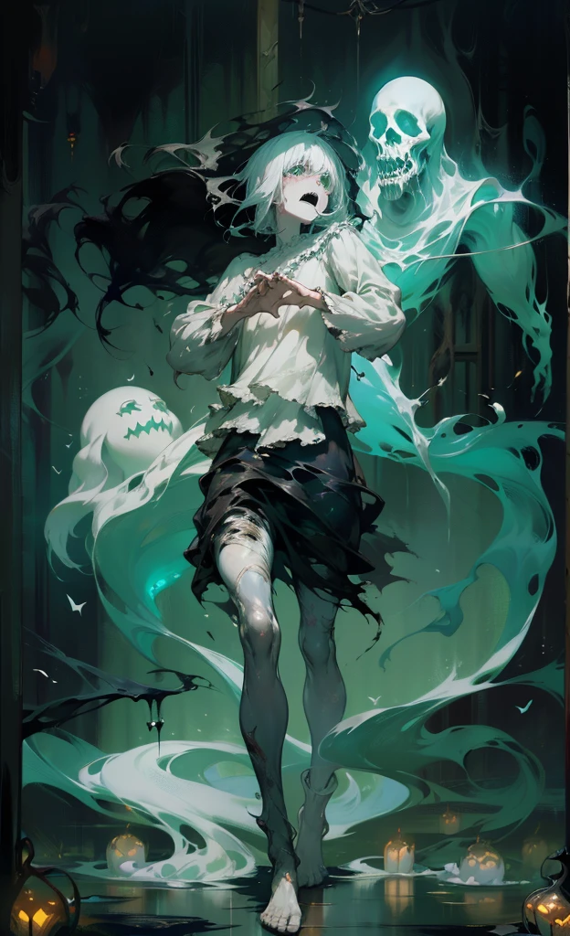 ghost,  ((transparent legs, ghostly legs)), wraith, floating, standing, gothic horror, grey clothes, tattered ghostly clothes, full body, trapped in a haunted oil painting, painting frame, hyperrealism, ghostly, trapped, (scared, panicked horrified), peter mohrbacher, pierre terblanche, trending on artstation