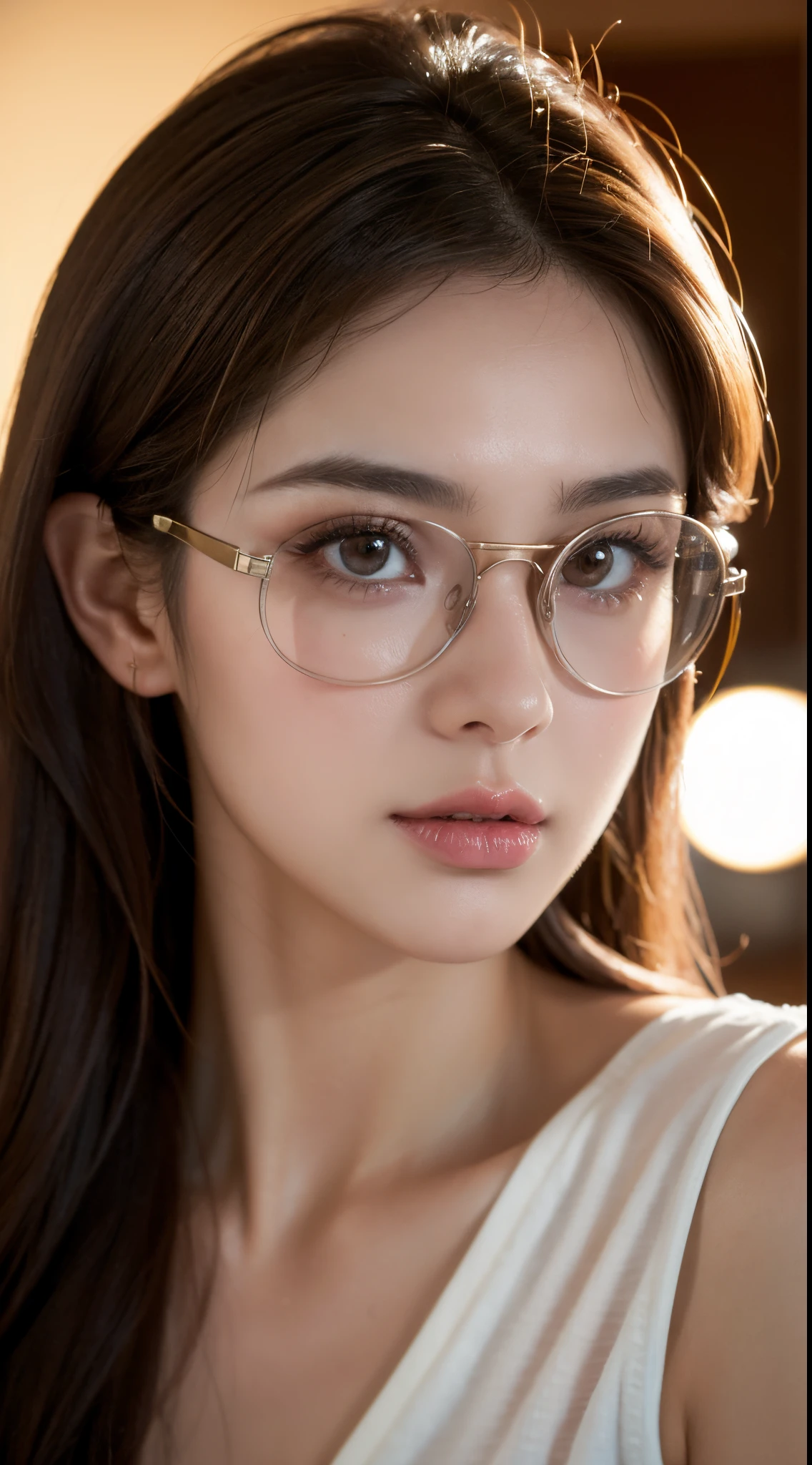 Woman, 30 years, strong, light brown hair, goggles, eye reflection, makeup, blush, licking lips, Surrealism, cinematic lighting, bokeh, Nikon, masterpiece, textured skin, super detail, high details, high quality