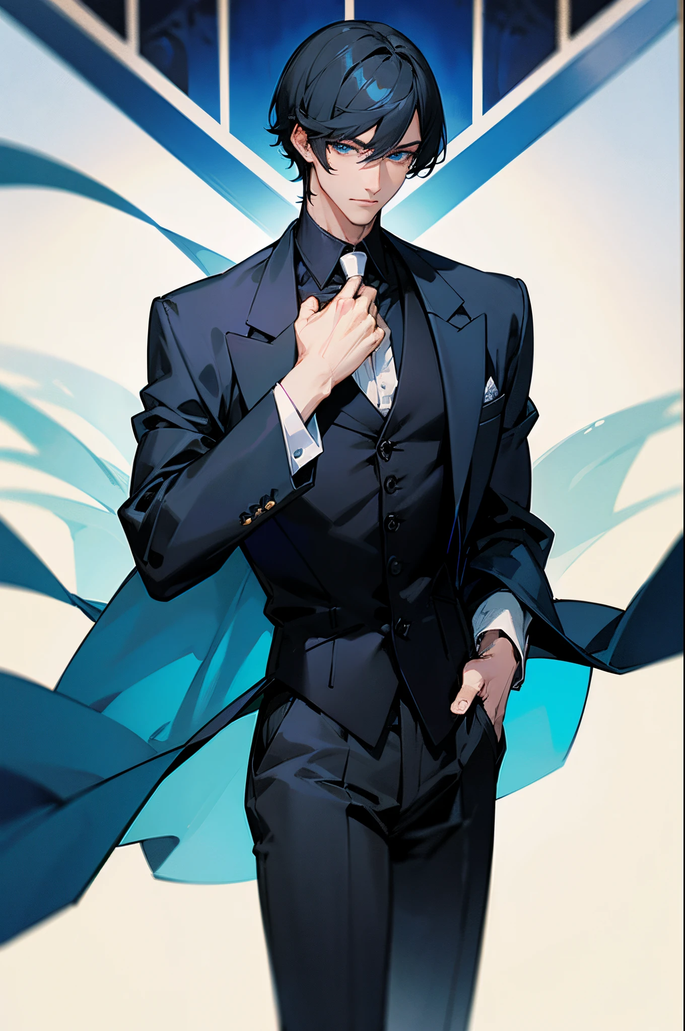 Black short haired, blue eyed, handsome, man, noble, calm, very handsome, formally dressed