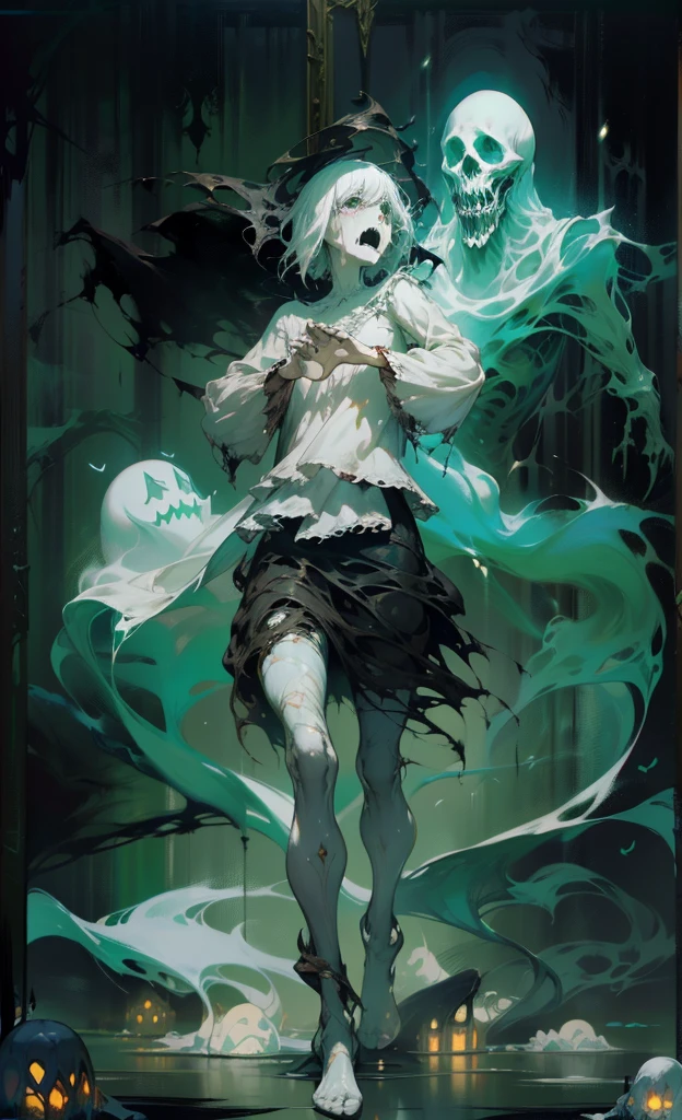 ghost,  ((transparent legs, ghostly legs)), wraith, floating, standing, gothic horror, grey clothes, tattered ghostly clothes, full body, trapped in a haunted oil painting, painting frame, hyperrealism, ghostly, trapped, (scared, panicked horrified), peter mohrbacher, pierre terblanche, trending on artstation