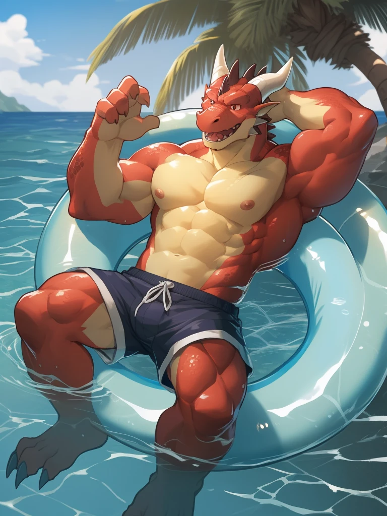 hi res,(dragon, scalie, wingless dragon), anthro,4 fingers,red eyes,horn, blurred background, bottomwear, clothing, life ring, lifeguard, male, muscular, muscular anthro, muscular male,nipples, tail, outside, palm tree, plant, red body,red scales,scales, sea, shorts, solo, summer, (swim ring:1.2), tree, (water), detailed background,by bogexboog,by zixiong,by milkytiger1145,by takemoto arashi, lying on water, open smile, nude