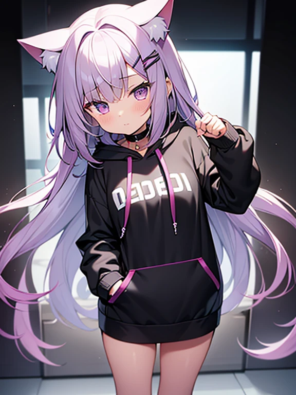 masterpiece, best quality, high res, solo, 1 girl, long hair, , nice breasts, flat chest, small breasts, small chest, bangs, purple eyes, blush, looking at viewer, closed mouth, bright colors, vibrant, extrasharp, high sharpness, nice hands, clear image, bright image, light purple hair, oversized hoodie, big hoodie, large hoodie, black and white hoodie, two color hoodie, long hoodie, hair pin, thigh accessory, bare legs, cute face, cat ears, cat tail, cat girl, no pantackground, standing up,
