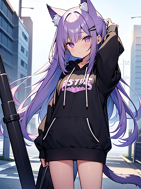 Masterpiece, Best quality, 4k resolution, beautiful eyes, outside, forest, nighttime, Neptune Non CPU, 1girl, solo, purple eyes, solo, purple hair, open mouth, hood, one eye closed, hair ornament, breasts, cleavage, smile, d-pad hair ornament, jacket, d-pad, long hair, medium breasts, full body, blush, thigh strap, collarbone, hooded jacket, holster, standing, thigh holster, multiple poses, dynamic poses, multiple expressions,