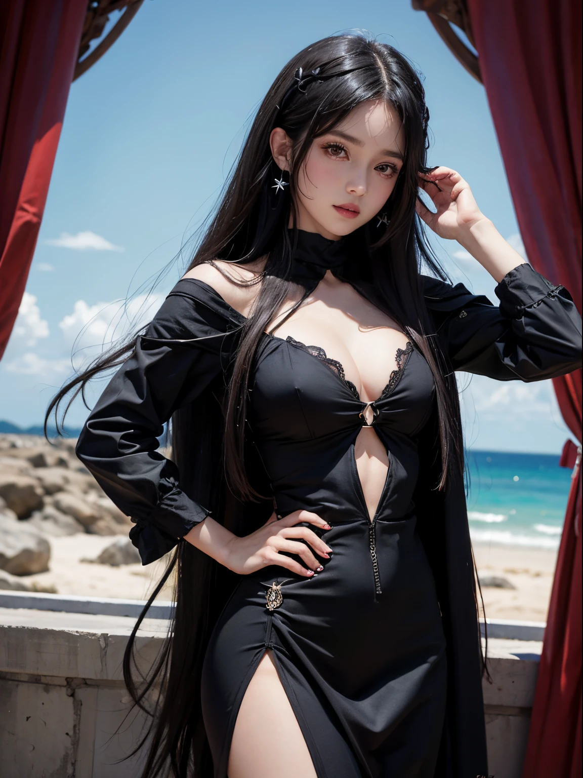 anime, Mujer, solamente, Cabello largo, cabello rosado, ojos rojos, dos cuernos, cuerno de demonio, cuerno negro, cuerno complejo, Mujer demonio, modelo, Beautiful, fantasy, Ropa casual. Accesorios para el cabello. peinados inusuales. Pendientes. saludo. orejas afiladas. Pecho grande. Parte superior del cuerpo. sonrisa suave. Hermoso arte de anime.