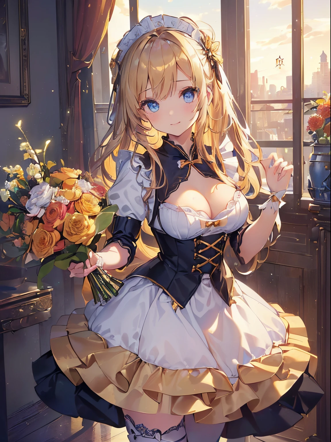Bright sunshine in the morning、A blonde girl in a maid costume holding a bouquet in both hands、((There is a very large bouquet of flowers in the background、A smile、Present a bouquet of flowers to the viewer、(front facing:1.5)、((cowboy shot:1.4))、cleavage of the breast、8K, top-quality, masterpiece, 逼真, realperson, Wallpapers by Unity 8K, (1 girl in) , beautidful eyes, (delicated face) , perfect detail, (The best lighting) , (super complex details) (A sexy)Maid appearance、Gothic ta、Cute costumes、Costumes with frills, perfect detail, Perfect fingers, Perfect limbs,, (shinny skin),(Highest quality illustrations:1.2), (Kawaii Girl:1.1),(1girl in),(beautiful eyes finely detailed、Face to detail、masterpiece sidelighting、masterpiece、top-quality、detaileds、High resolution illustration),Delicate Makeup, 、POV、softfocus、(1girl in)(Highest quality illustrations:1.2), (Kawaii Girl:1.1), (1girl in, 独奏:1.5), (1girl in、18year old、-So、、Colossal tits:1.5、ultradetailed eyes:1.2)、(large full breasts:1.1)、((blue eyess))、((Golden head hair:1.5))、(Semi-long hair)、BREAK(top-quality、ultra-detailliert、highly detailed and beautiful、超A high resolution、Detailed arm:1.2)
BREAK(top-quality、ultra-detailliert、highly detailed and beautiful、超A high resolution、Detailed arm:1.2)4K unification、(hyper detailed CG:1.2)、(8K:1.2)