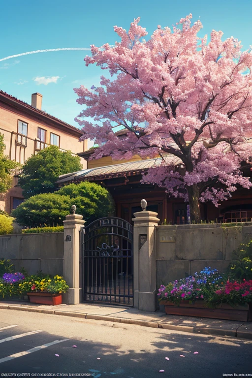 (masterpiece, top quality, best quality, official art, beautiful and aesthetic:1.2),extreme detailed,colorful,highest detailed,branch, building, chain-link fence,, fence, , outdoors, petals, landscape, rain, tree,sky,street