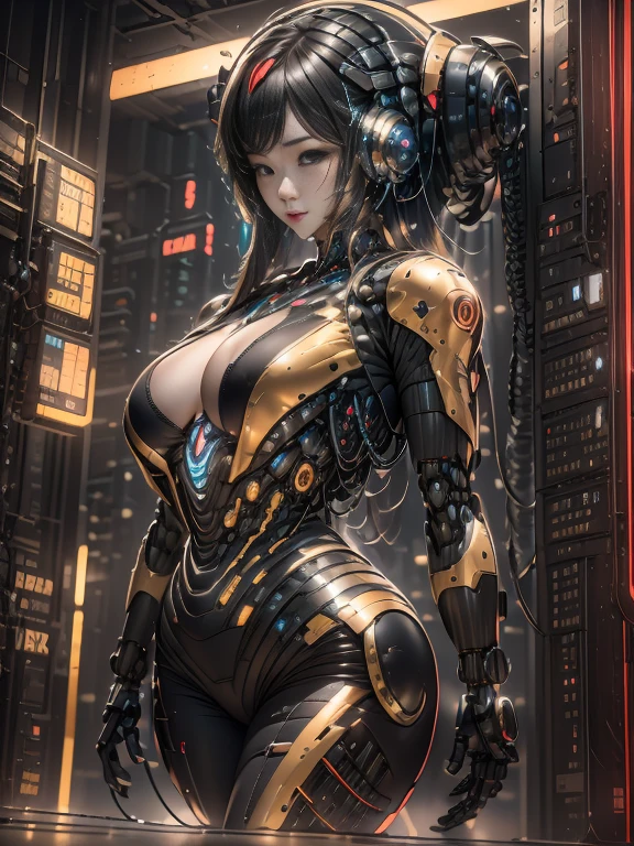 A sexy Korean cyborg girl posing infront of a heavy advance robotic suit intricate with wires hanged in a glass safe, girl is half human and half Robot, big boobs cleavage cam be seen, high-quality realistic