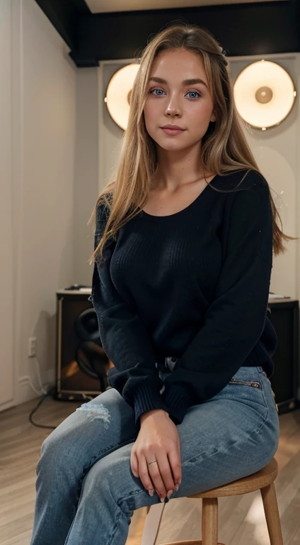 arafed woman fully, Mikayla Demaiter face with blue eyes, ultra realistic, meticulously detailed, portrait of Mikayla Demaiter, blonde hair and large eyes, without makeup, natural makeup, smile, stunning full body shot in a music studio, subtle makeup, wearing black jeans, wearing plain jumper, medium size bust