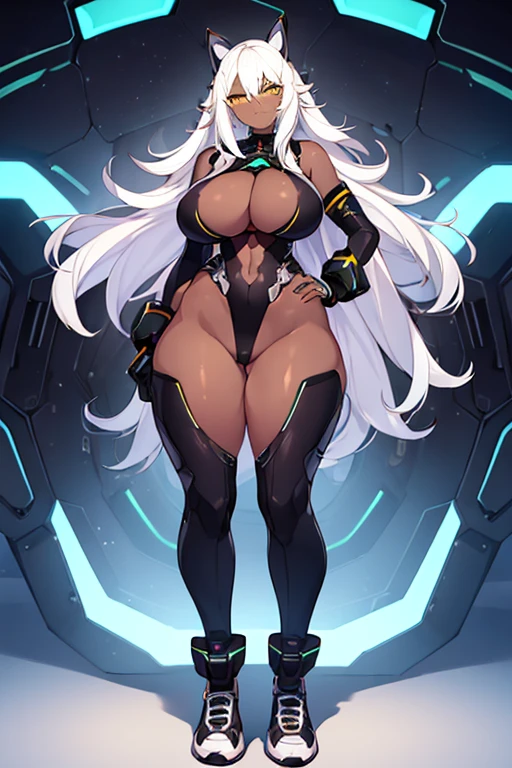 1girl, dark skin, dark-skinned female, white hair, long hair, yellow eyes, large breasts, breasts, wide hips, smug, smirk, smile, bodysuit, black bodysuit, black pantyhose, shoes, sneakers, futuristic, tech, science-fiction, neon trim, white neon trim, white trim, full body