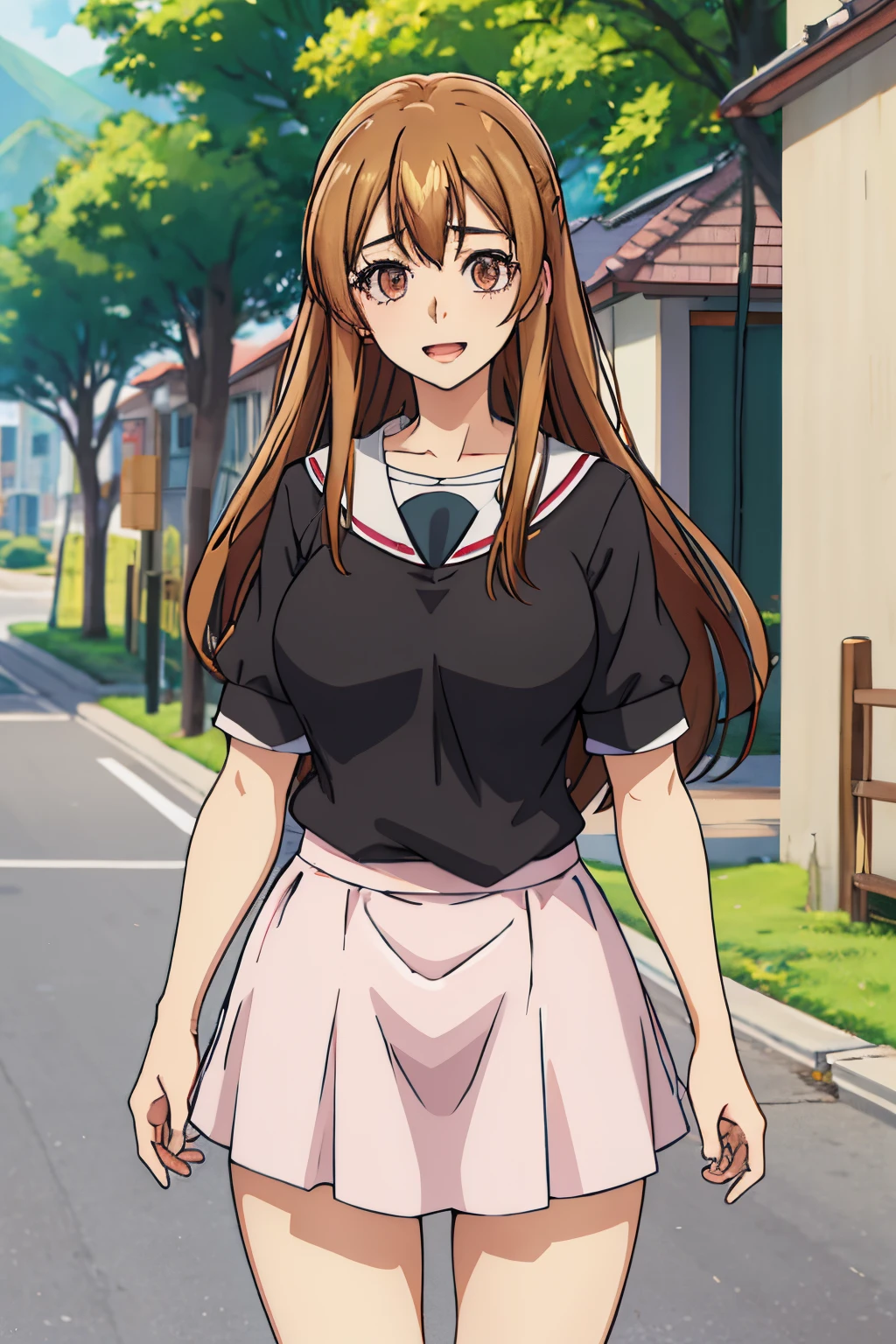 Busty, thick, best quality, (masterpiece:1.2), highly detailed, street,
1girl,  kotegawa nanaka,
looking at viewer, slight smile, open mouth,
brown eyes, brown hair, long hair, black shirt, elbow sleeves, pink skirt, miniskirt