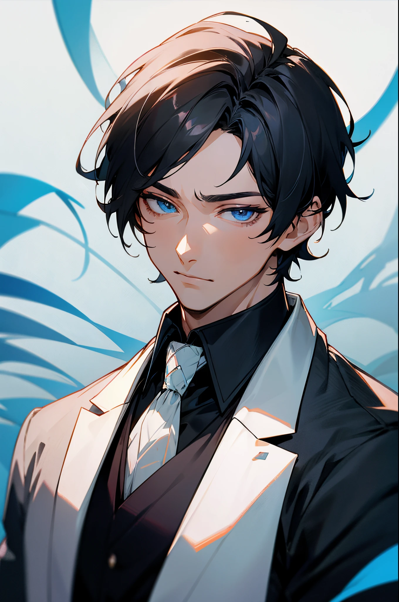 Black short haired, blue eyed, handsome, man, noble, calm, very handsome, formally dressed