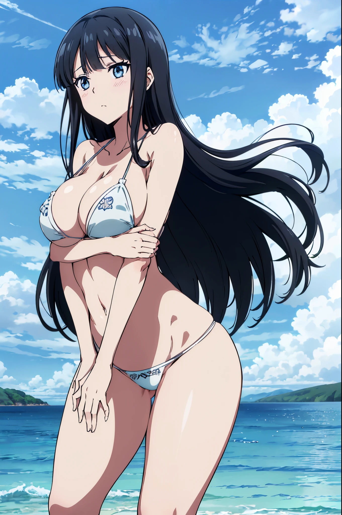 ((masutepiece, Best Quality, High resolution, anime screen cap, anime colours, in 8K, anime keyvisual)):1.5, Miyuki, 1girl in, Cute, blush, (Long Black Hair:1.5), 14years, (Oversized large sagging breasts:1.5), cleavage, ((White Micro Bikini:1.5, Thin fabric)), Navel Ejection, (Leaning forward:1.5), Arms Down, beach side, ((Perfect Anatomy, beautifull detailed face, Beautiful detailed eyes, beautiful detailed hair, Beautiful detailed body)), thick outline, Beautiful outlines, black outlines