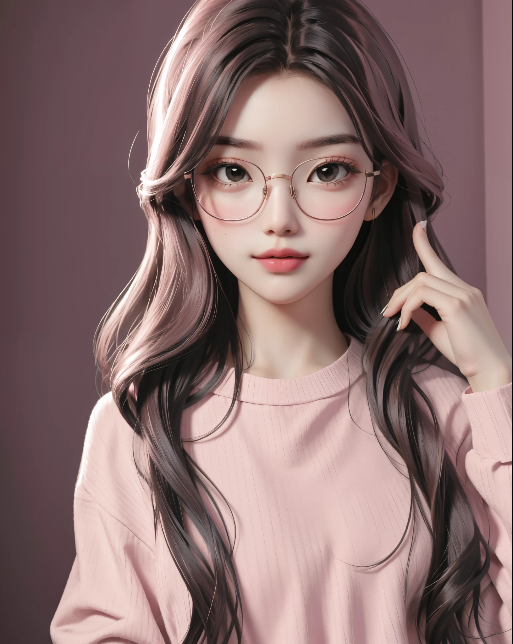 Best quality at best, 1girll, Alone, sportrait , Background with, Medium to long hair, redish pink lips,Wear glasses