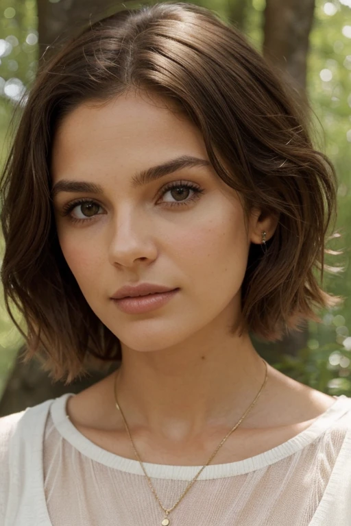 Generate images of a brown-haired woman, short medium hair and brown eyes, con medidas 90-60-90. La mujer debe estar de pie en un entorno natural, como un bosque, con cabello largo y ondulado que fluye suavemente. Su piel debe tener un aspecto saludable y ligeramente bronceado. Ella debe llevar un vestido blanco largo y vaporoso que se mueva con el viento. The expression on his face should be serene and calm, con una mirada distante hacia el horizonte. El fondo debe estar desenfocado para resaltar la figura de la mujer.