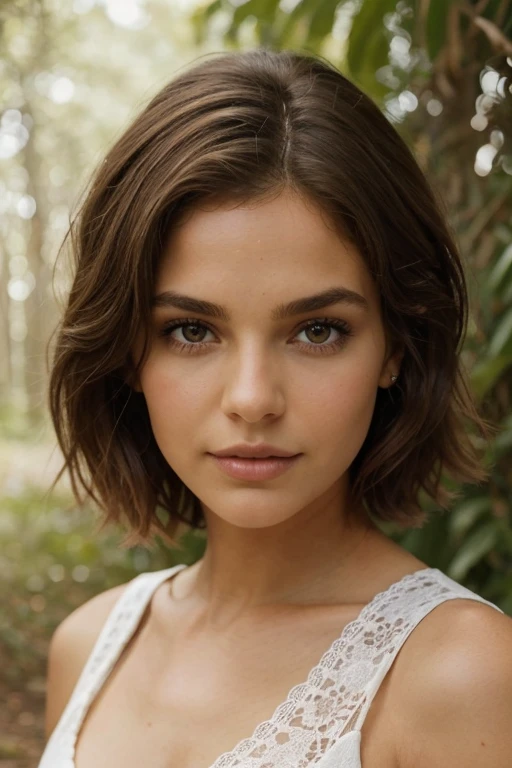 Generate images of a brown-haired woman, short medium hair and brown eyes, con medidas 90-60-90. La mujer debe estar de pie en un entorno natural, como un bosque, con cabello largo y ondulado que fluye suavemente. Su piel debe tener un aspecto saludable y ligeramente bronceado. Ella debe llevar un vestido blanco largo y vaporoso que se mueva con el viento. The expression on his face should be serene and calm, con una mirada distante hacia el horizonte. El fondo debe estar desenfocado para resaltar la figura de la mujer.