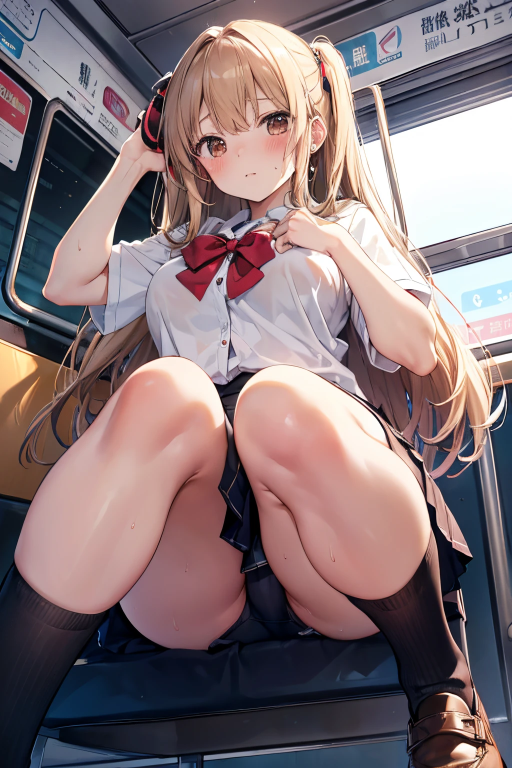 Perfect quality, masutepiece, 16 K, (From below:1.8), Beautiful girl sitting on train , Light brown long hair, High School Uniform, Brown eyes, Sweat, blushed face, Plump breasts, Open her legs, Watching the phone,