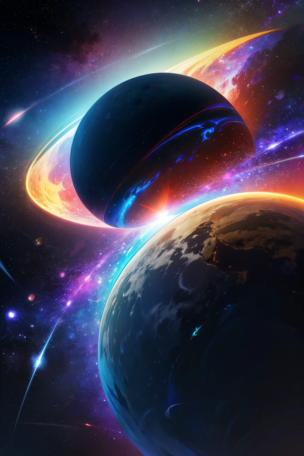 (La mejor calidad,4k,8k,Altas Resoluciones,Obra maestra:1.2),Ultra detallado,(realista,fotorrealista,fotorrealista:1.37),arte planetario,sistema solar,cielo nocturno,estrellas brillantes,Cosmic Wonders,Cuerpos celestes,planetas en movimiento,Orbiting planets,space exploration,astronomy,Viaje interestelar,exoplanetas,alien worlds,galaxias distantes,Nebulosas,viveros estelares,Explosiones estelares,Milky Way Galaxy,intergalactic journey,cosmic dust,Continuo espacio-tiempo,Materia oscura,revelando el universo,Belleza infinita,astrophotography,Galactic Adventures,universo misterioso,Cosmic Energy,Explorando lo desconocido,Constelaciones estelares,Celestial Navigation,stellar dynamics,Deep space exploration,CosmicLandscapes,vista de astronauta,universo espectacular,Paisajes impresionantes,horizontes lejanos,Espacio luminoso,Estrellas pulsantes,cosmic ballet,Paisaje lunar,visiones de otro mundo,enigmatic space,cosmos cautivador,ever expanding universe,auroras coloridas