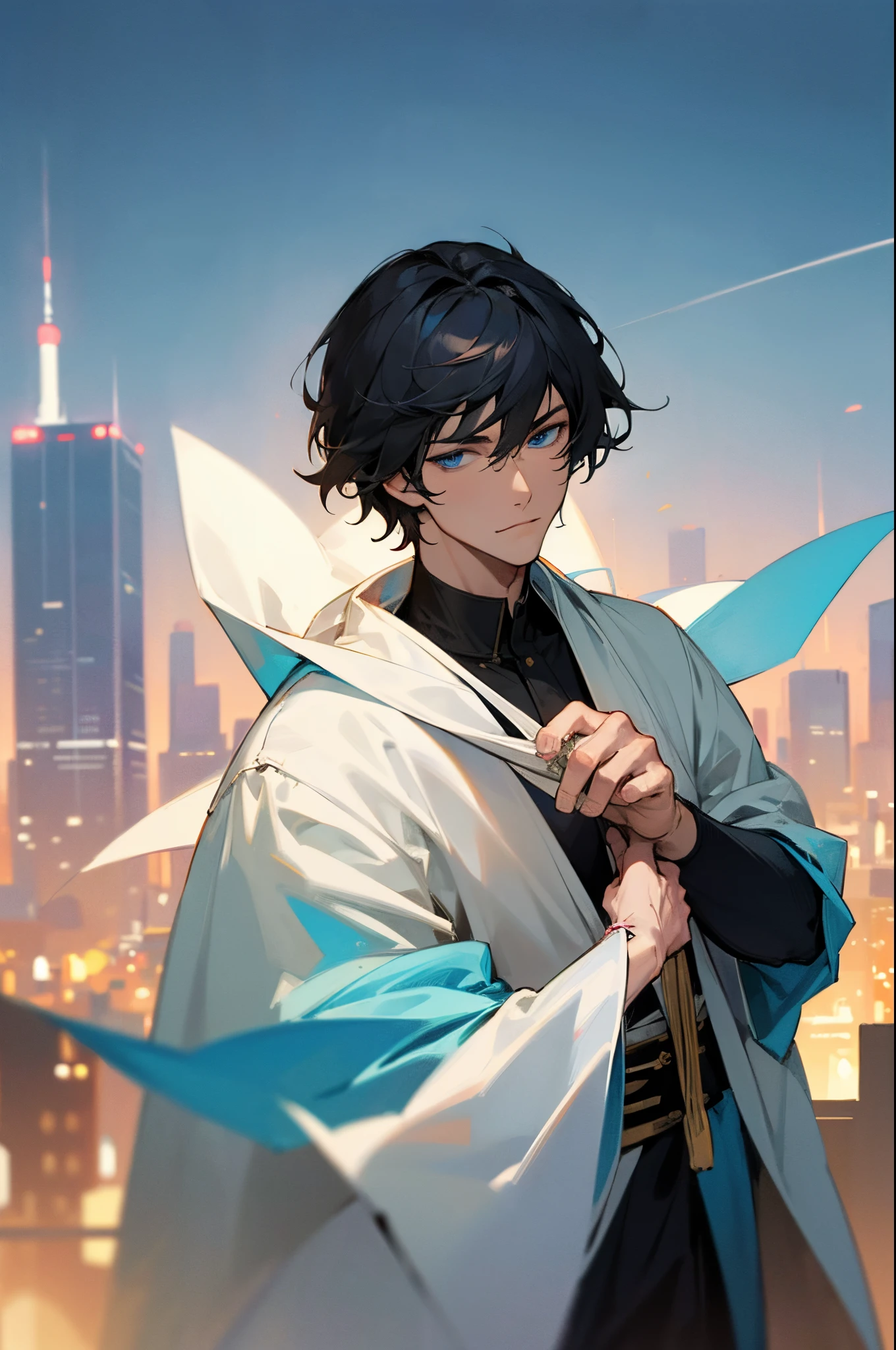 Black short haired, blue eyed, handsome, man, noble, calm, very handsome, formally dressed, background city