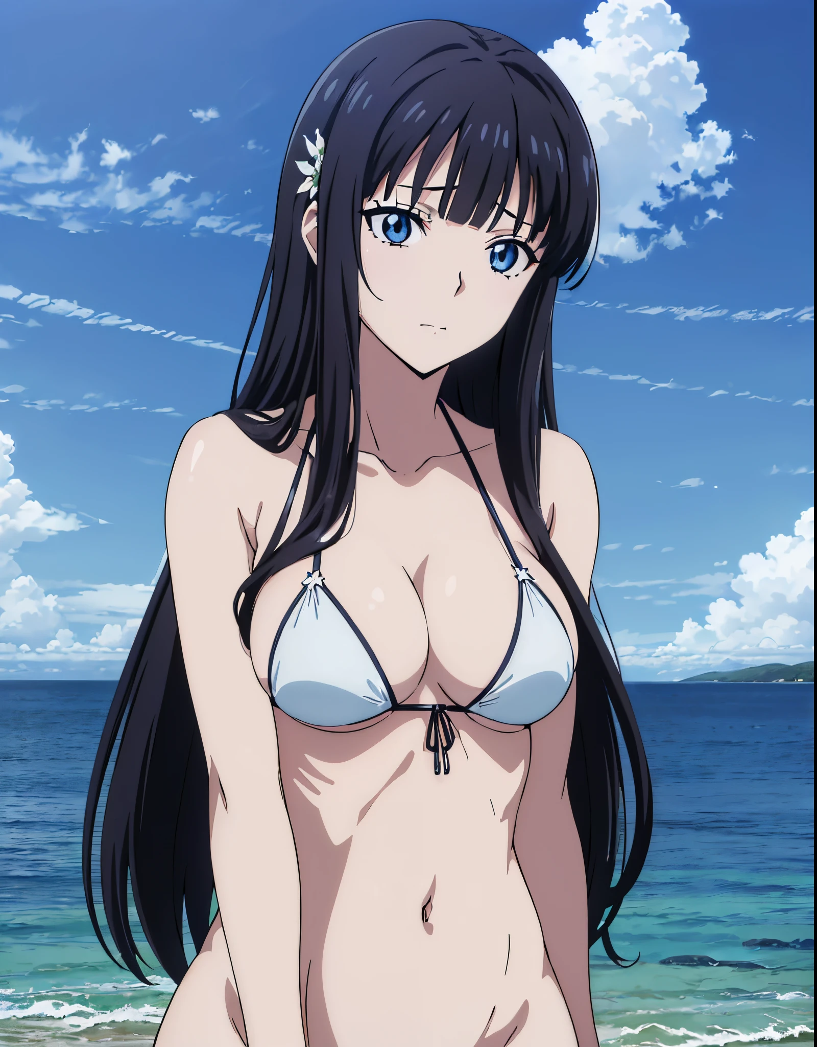 ((masutepiece:1.5, Best Quality, High resolution, anime screen cap:1.5, anime colours:1.5, in 8K, anime keyvisual:1.5)), Miyuki, 1girl in, Cute, ((cabelos preto e longos:1.5)), 14years, (Oversized large sagging:1.5), cleavage, ((White Micro Bikini:1.5, Thin fabric)), Navel Ejection, (Upper body:1.5), Arms Down, beach side, ((Perfect Anatomy, beautifull detailed face, Beautiful detailed eyes, beautiful detailed hair, Beautiful detailed body)), thick outline, Beautiful outlines, black outlines