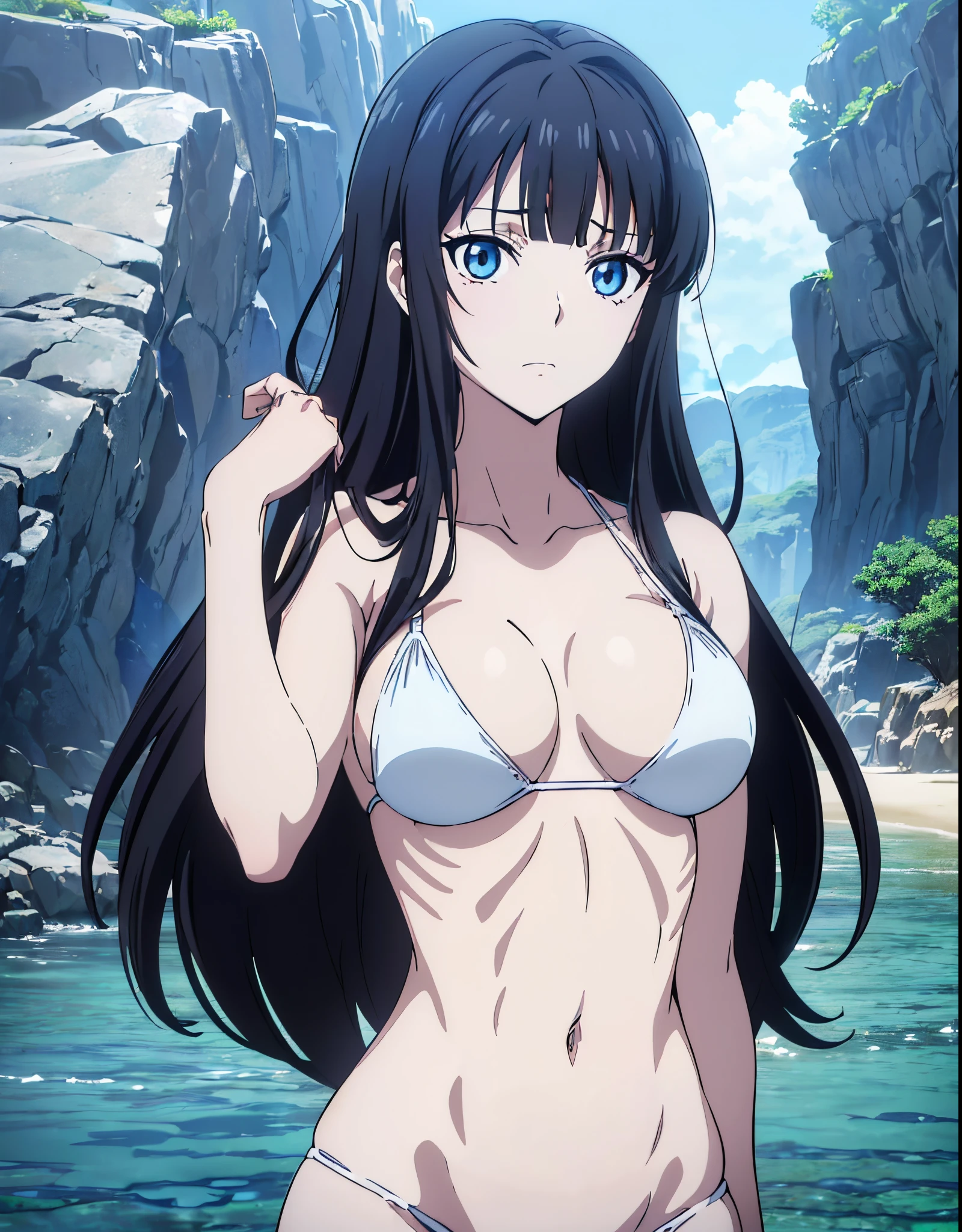 ((masutepiece:1.5, Best Quality, High resolution, anime screen cap:1.5, anime colours:1.5, in 8K, anime keyvisual:1.5)), Miyuki, 1girl in, Cute, ((cabelos preto e longos:1.5)), 14years, (Oversized large sagging:1.5), cleavage, ((White Micro Bikini:1.5, Thin fabric)), Navel Ejection, (Upper body:1.5), Arms Down, beach side, ((Perfect Anatomy, beautifull detailed face, Beautiful detailed eyes, beautiful detailed hair, Beautiful detailed body)), thick outline, Beautiful outlines, black outlines