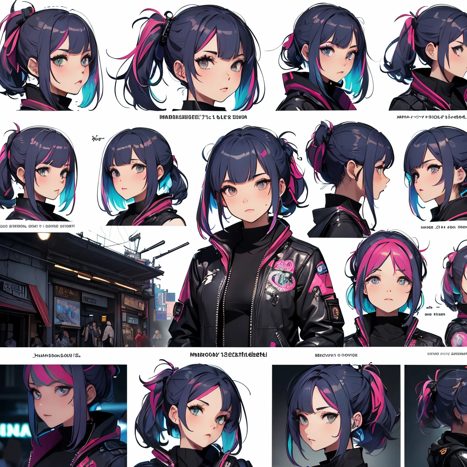 ((Masterpiece, Highest quality)), Detailed face, ((CharacterDesignSheet))， full bodyesbian, Full of details, Multiple poses and expressions, Highly detailed, Depth, ((beautiful Cyberpunk girl))，dressed in ((Harajuku street clothes, tech jacket)) double-ponytail，((colorful Cyberpunk hairstyle)), extremely beautiful，High Balance, Natural light