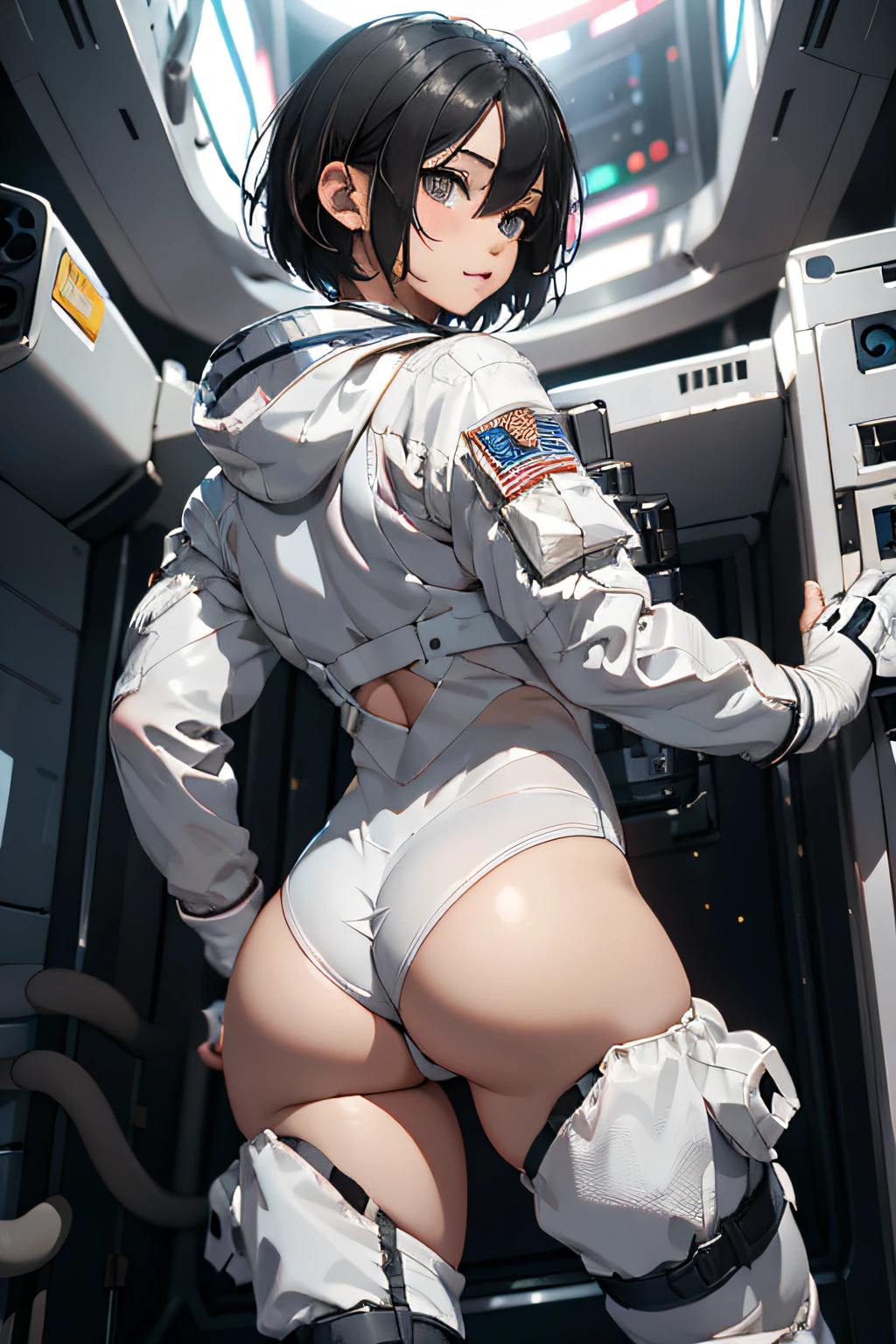 one girls , Young , A view from below , Short Hair Hair , black  hair , spacesuit , White spacesuit , Pop-visible , bare ass , girl in a spacesuit , hiquality , Dark tones