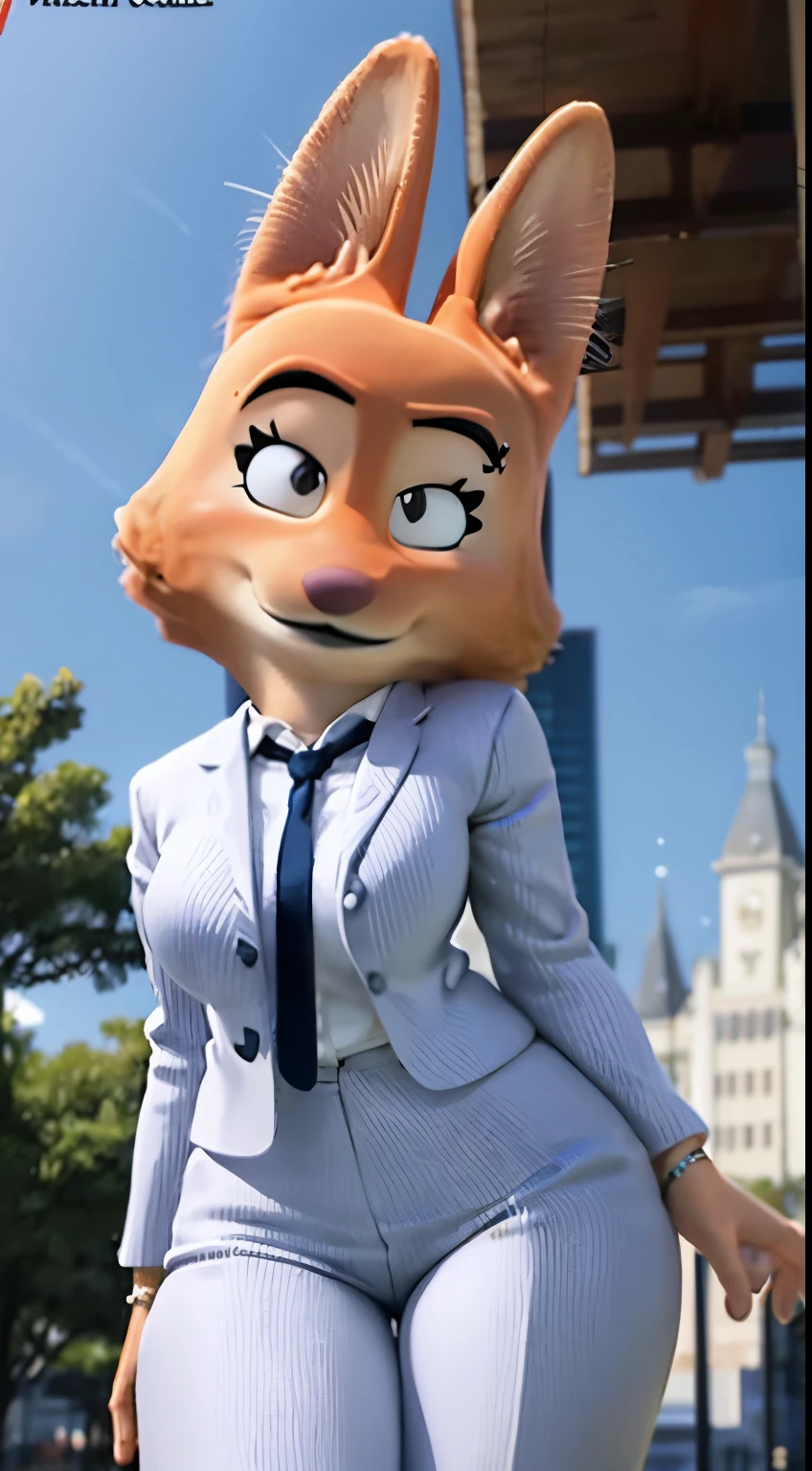 Detailed and realistic portrait of diane foxington in Town Hall, grey business suit, orange body, black lips, eyelashes, eyebrow piercing