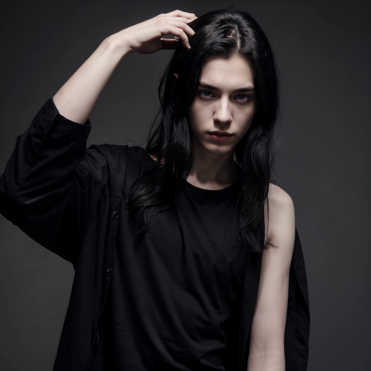 pale, lanky boy with long almost shoulder-length black hair and dark eyes, His eyes flash purple when using his Pravus powers, wearing black t-shirts, gray jackets and jeans. His eyes are depicted as a dark grayish blue.