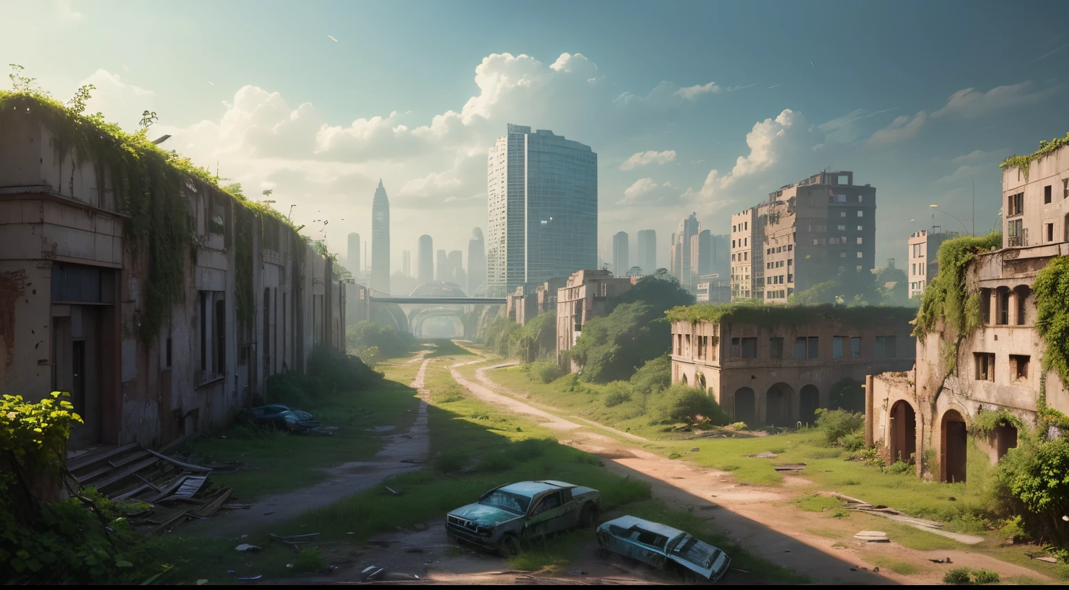 high high quality,A high resolution,masterpiece,8K,Mattire,(( Abandoned city covered in greenery )),Building ruins covered with green plants,Rusty vehicles everywhere,building covered with green vines,Complicated details,( Dense Buildings ),dilapidated road,Broken glass windows,((Overlooking the whole city)),Realistic environment,Apocalyptic style,Gray sky