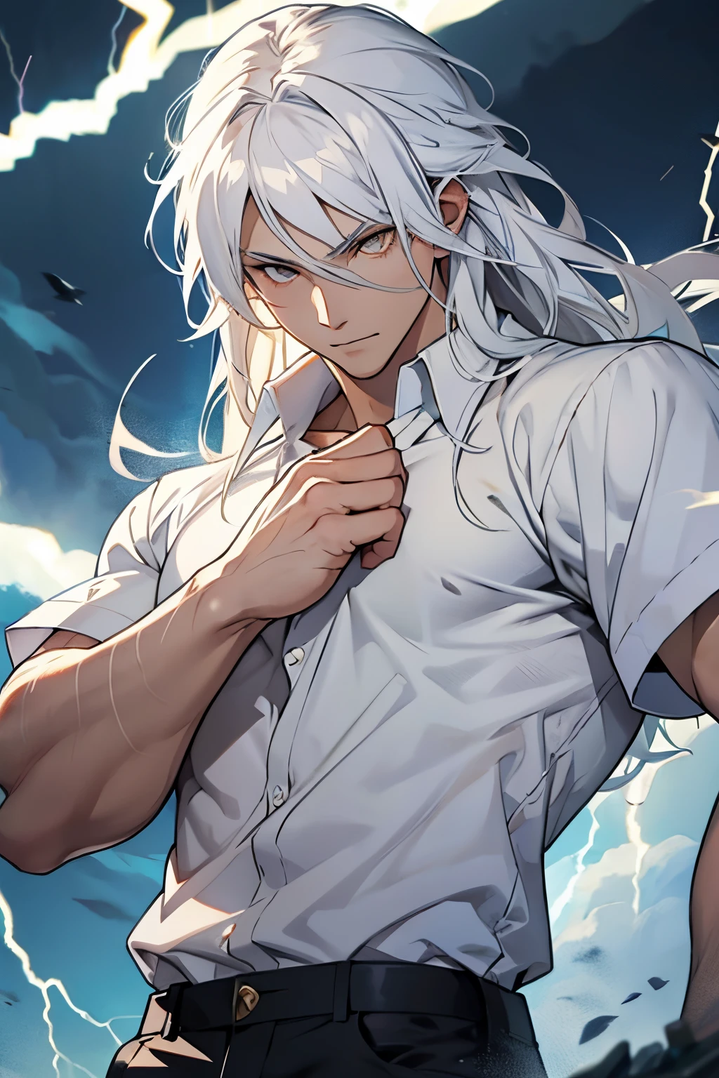 anime style, man, long white hair, white eyes, thunder around the body, inspired by zeus wearing shirt