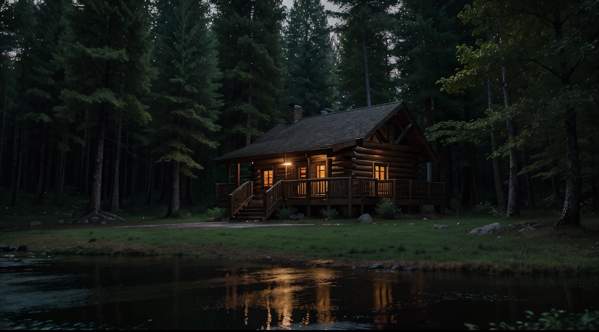 Beautiful cabin in the forest at night, perfect composition, trend in rainy season, 8k artistic photography, photorealistic concept art, smooth natural volumetric cinematic perfect night light