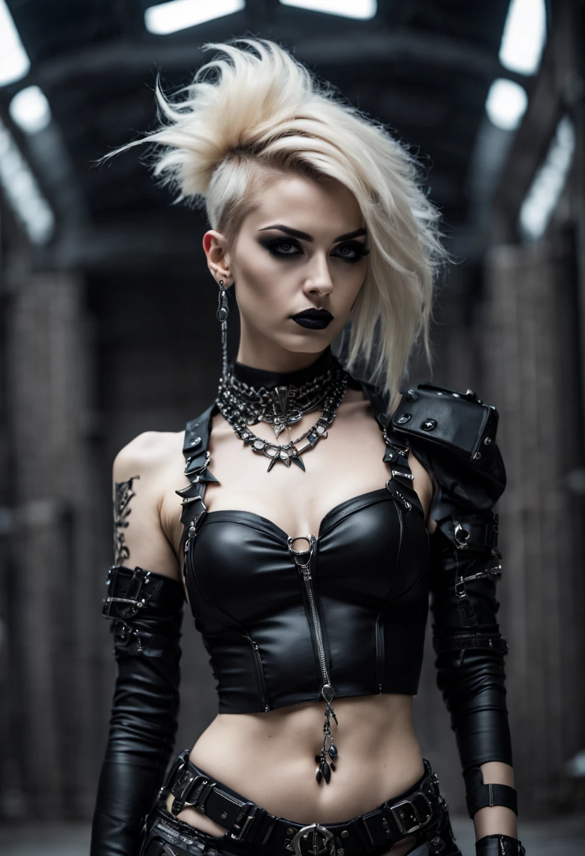 close-up photo of a woman in black open femdom clothes, full body shot, edgy and bold hairstyle, blond hair, crop top, hotpants, Metal jewelry, Dynamic posture, handsome body, slim figure, small breasts, seductive cyberpunk dark fantasy, Sensual, Gloomy style, dark fantasy mixed with realism, goth girl, dominatrix in play, femdom in play, mistress, seductive, very beautiful goth top model, gothic horror vibes, The Queen of Dark Gothic, Gothic atmosphere, goth woman, Awesome and gloomy, ornamental gothic - cyberpunk, Gothic - Cyberpunk,