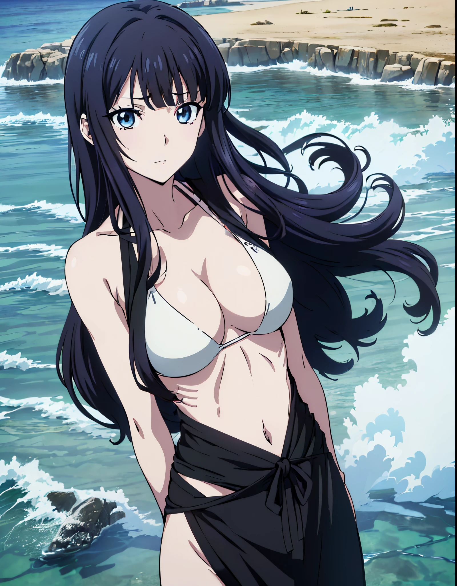 ((masutepiece:1.5, Best Quality, High resolution, anime screen cap:1.5, anime colours:1.5, in 8K, anime keyvisual:1.5)), Miyuki, 1girl in, Cute, ((cabelos preto e longos:1.5)), 14years, (Oversized large sagging:1.5), cleavage, ((White Micro Bikini:1.5, Thin fabric)), Navel Ejection, (Upper body:1.5), Arms Down, beach side, ((Perfect Anatomy, beautifull detailed face, Beautiful detailed eyes, beautiful detailed hair, Beautiful detailed body)), thick outline, Beautiful outlines, black outlines