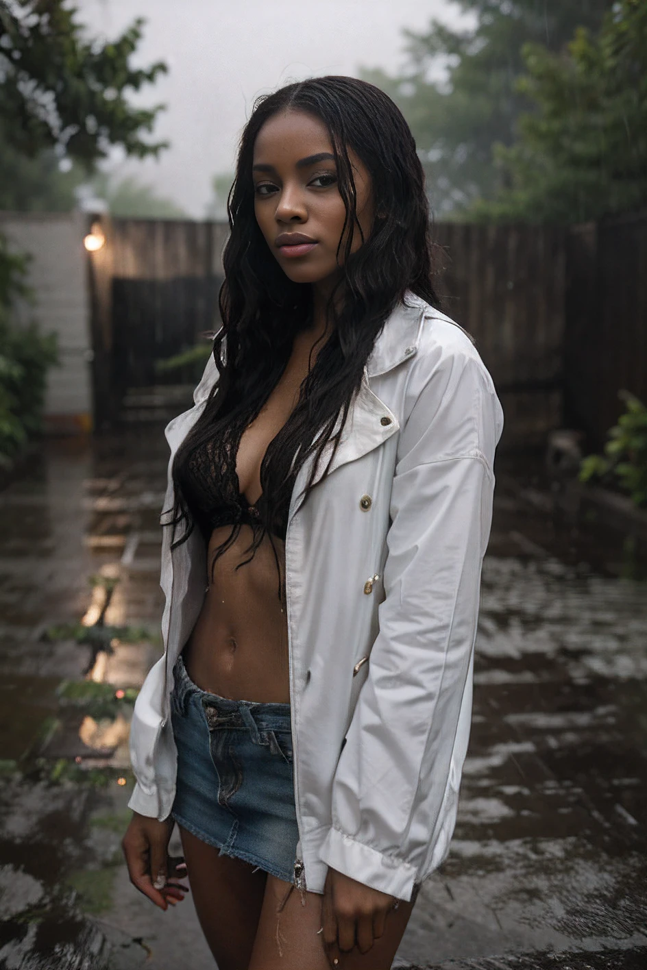 Actress Amia Miller at 14 , Like a streetwalker in a Bronx backyard., Evening, Bad weather, We are waiting for clients,It's raining,mist, wet hair,Negress,