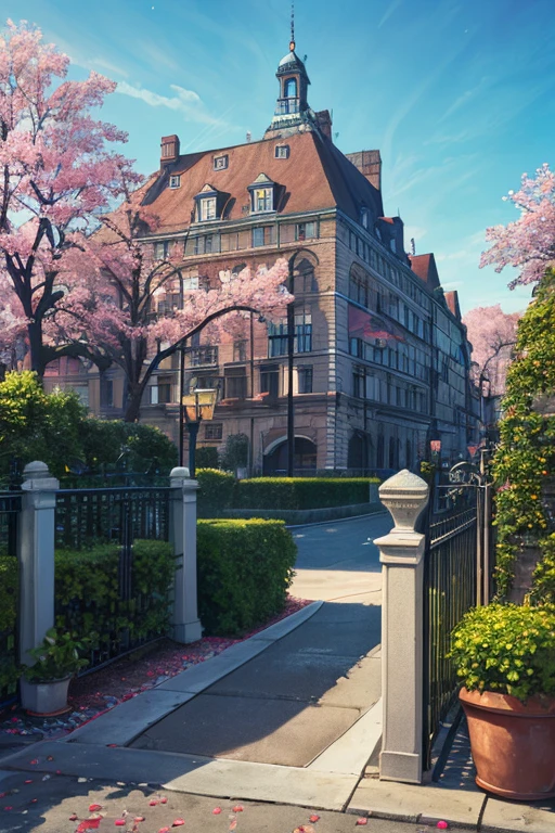 (masterpiece, top quality, best quality, official art, beautiful and aesthetic:1.2),extreme detailed,colorful,highest detailed,branch, building, chain-link fence,, fence, , outdoors, petals, landscape, rain, tree,sky,street