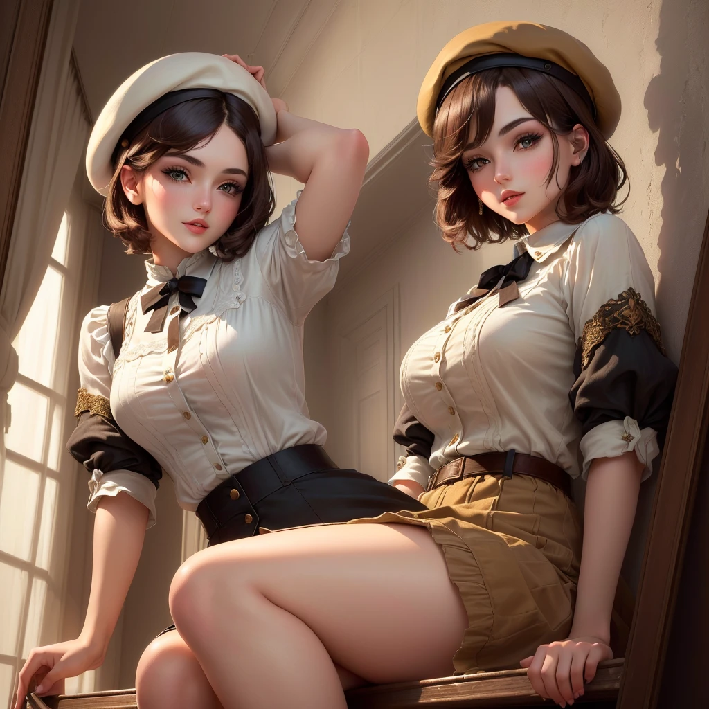 (Masterpiece - Ultra-detailed, High Resolution) girl about 25 years old, short hair with beret, hair from the year 1920, brunette with brown eyes