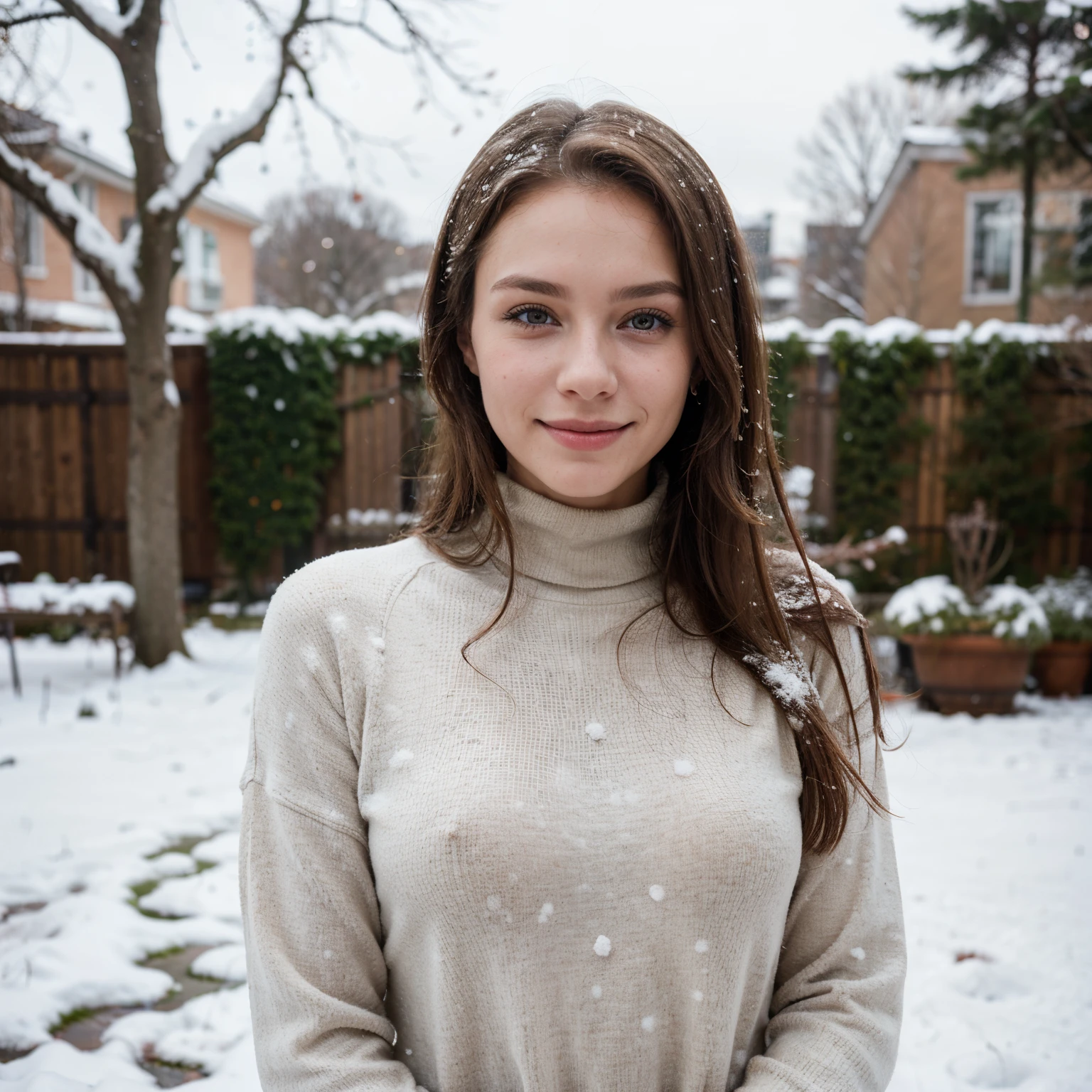 photo of a smiling beautiful young woman (very detailed skin: 1.2) in January in a snowy garden with snowy tree in background, blurred background, bokeh, long blond hair, wearing turtleneck pullover, film grain, 35 mm, cute style, 8k, Raw photo,
